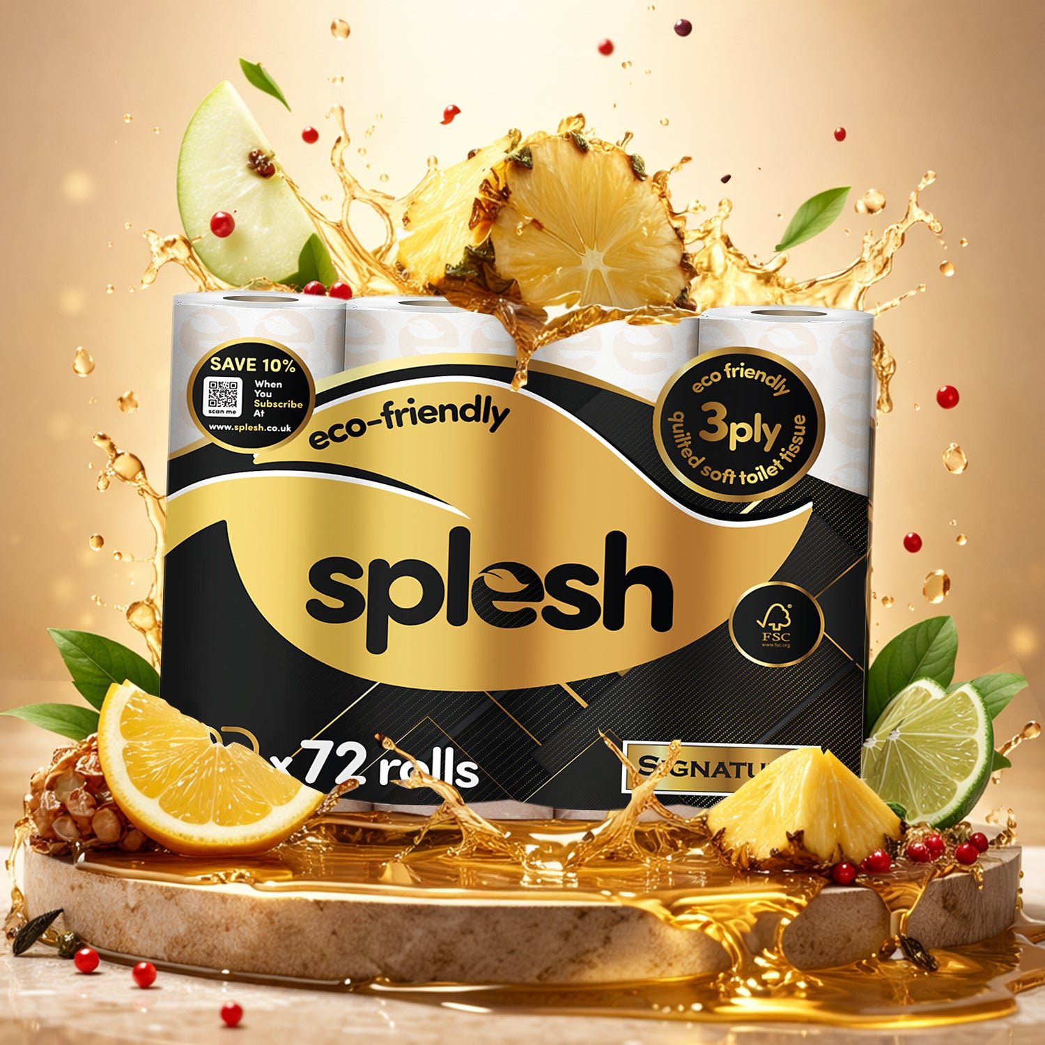 Splesh Signature 72-Rolls: Luxury Pineapple, Bergamot & Smoky Woods scented toilet tissue.