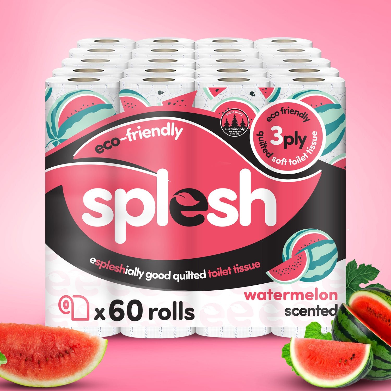 Splesh Quilted Toilet Roll Luxury Watermelon 3-Ply Soft Toilet Paper, 60 Rolls - Splesh