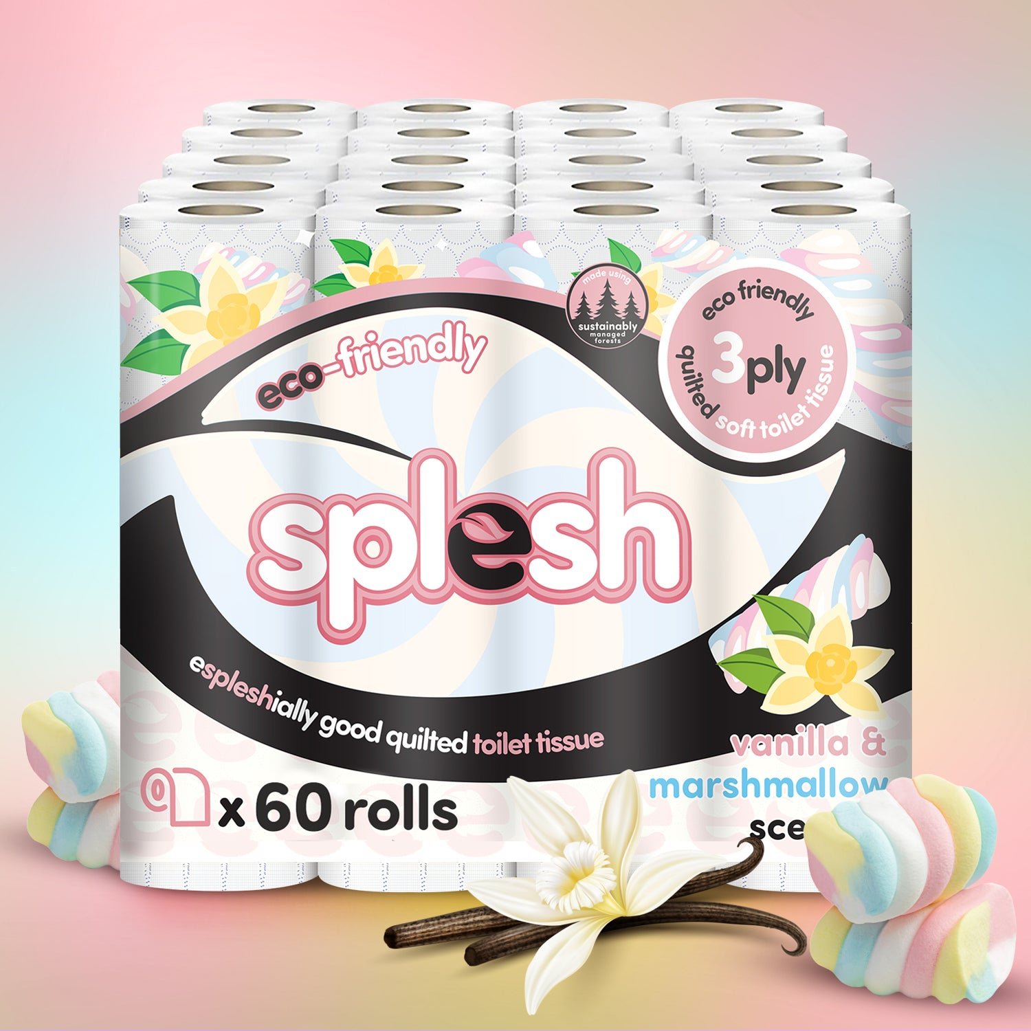 Splesh Quilted Toilet Roll Luxury Vanilla & Marshmallow 3-Ply Soft Toilet Paper, 60 Rolls - Splesh